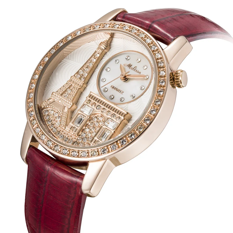 MELISSA женские часы Роскошные Miyota Кварц Водонепроницаемый Эйфелева башня Relogio Feminino кожаные кристаллы от Swarovski сапфир