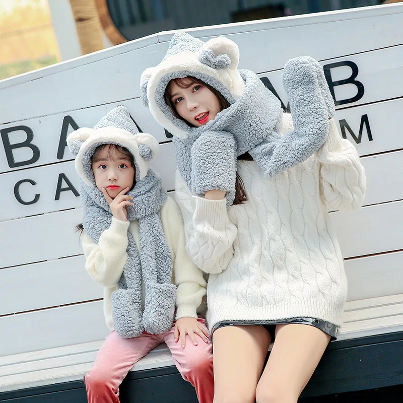 Kawaii/зимняя шапка для родителей и детей, 3 в 1, шарф, перчатки, утеплитель, утолщенные шапки с ушками, шарфы, перчатки для детей и взрослых - Цвет: gray