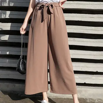 

Z 2019 Women Spring Summer Pleated Wide Legged Pants Solid Color Pleated High Waist Tie Pants Female Straight Nine Minutes Pants
