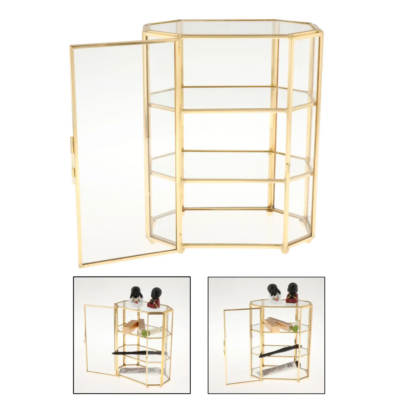 Vintage Golden Glass Box, Clear Glass Metal Storage Jewelry Organizer Open Front Display,  Shape with 3 Tier