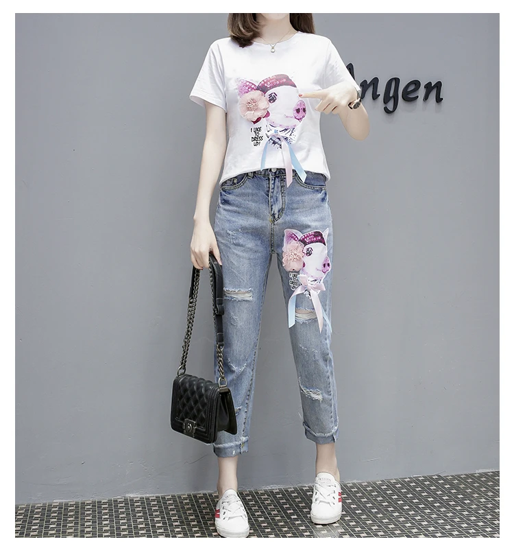 Pig White Set 5XL комплект из 2 предметов, женские джинсовые костюмы, расшитые блестками Футболки с сердцем, женские спортивные костюмы, хлопковая футболка, рваные джинсовые брюки, костюмы большого размера - Цвет: Pig White Set