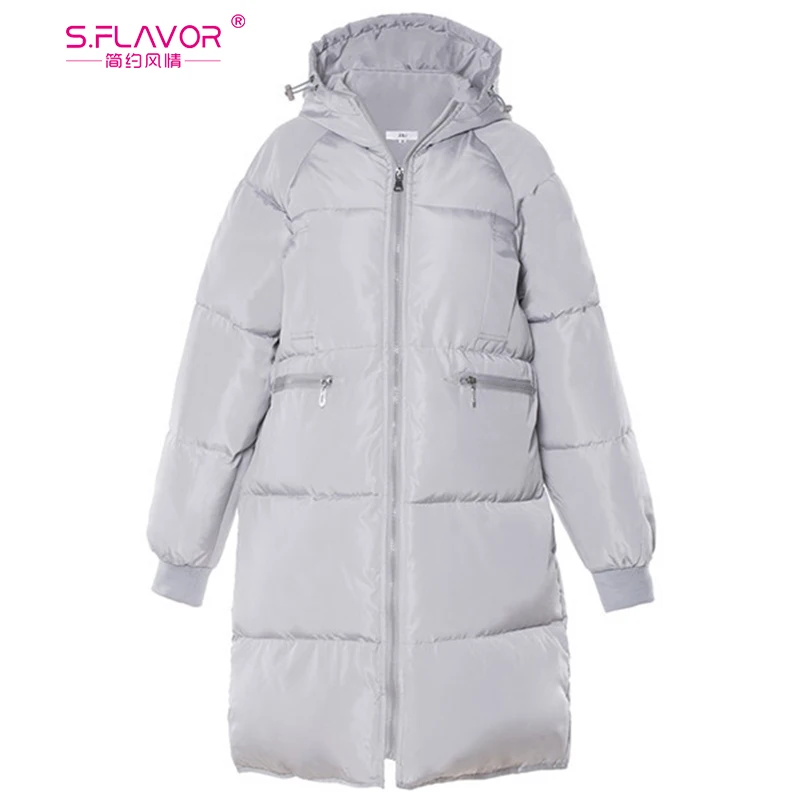 S. FLAVOR 2019 зимняя женская парка с длинным капюшоном утепленная однотонная теплая верхняя одежда пальто Женская свободная хлопковая стеганая