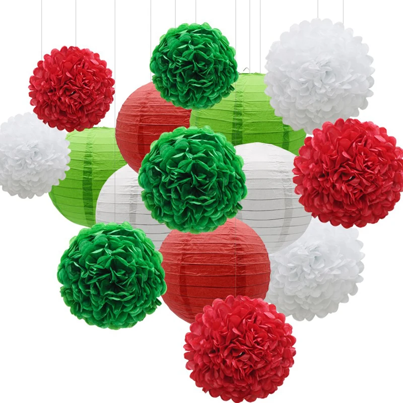 15 шт. Красный Зеленый Белый бумажные цветы шарики-Помпоны и бумажные фонарики для свадьбы, дня рождения, Рождества, подвесной декоративный набор