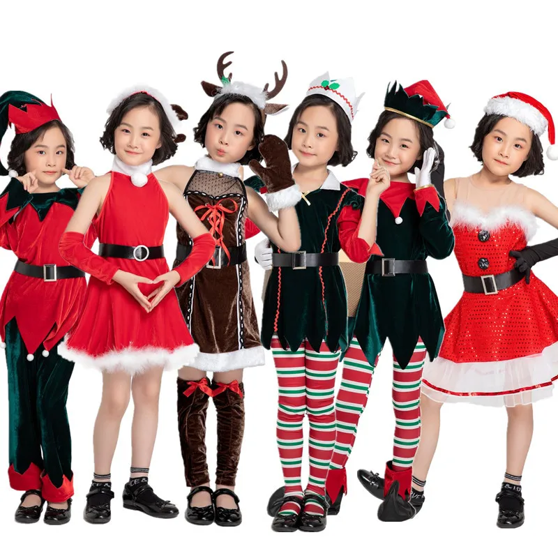 

Multi--Children Character Cosplay Clothes Santa Claus Dress Girls Reindeer Elk Service Red Green Fairy Costume