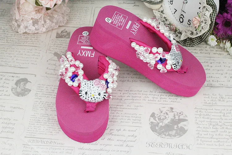 Leisure Shoes Online Lady Sewing Pearl Womens Beach Slippers Fashion High Heel Platform Wedge Flip Flops59