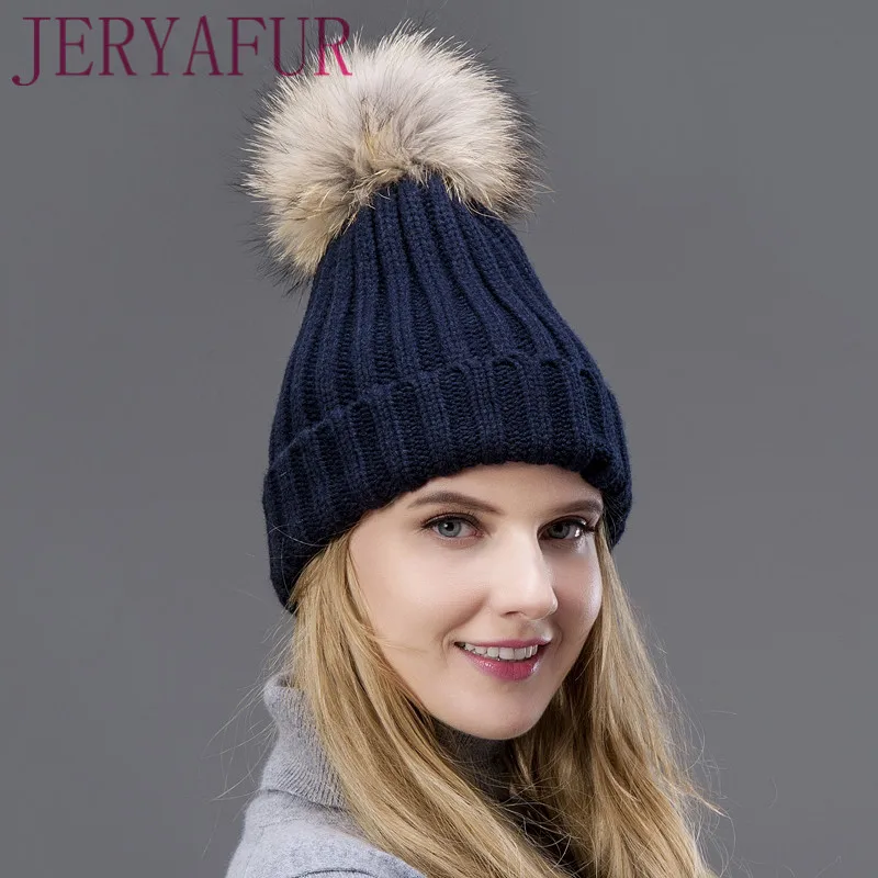 COLOR3 heißer Die wolle gestrickte hut winter warme earmuff frau kappe mit Fuchs pelz Pompom auf die top Auch geeignet für kinder - Цвет: COLOR3