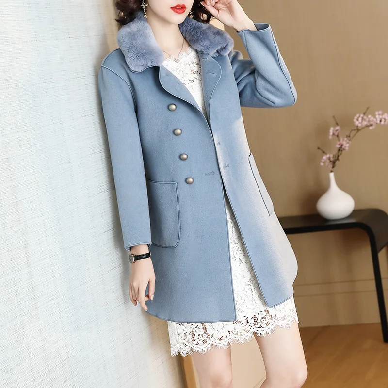 

Spring Autumn Wool Coat Women Rabbit Fur Collar Double-sided Elegant Wool Jacket Blue Korean Overcoat YLW1917521Z KJ3999