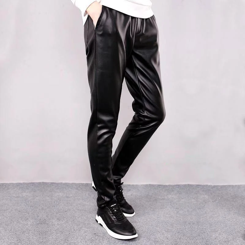 Idopy Men`s Winter Warm Faux Leather Joggers Harem Pants Fleece Lined Elastic Waist Drawstring PU Joggings Trousers For Male