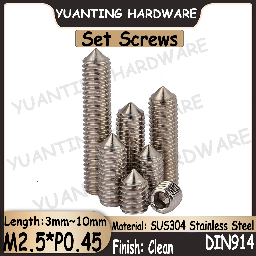 

50Pcs DIN914 M2.5x3mm-10mm SUS304 Stainless Steel Hexagon Socket Set Screws With Cone Point Headless Screws Grub Screws