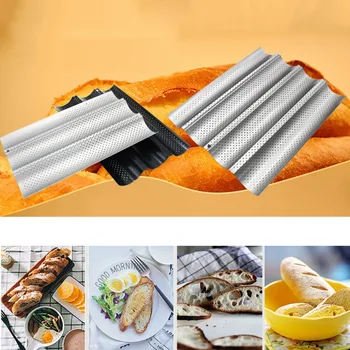 

French Baguette Bakeware Wavy Non-stick 4 With 3 French Baguette Toast Box French Stick Pastry Carbon Mould Large 4 Slot black .