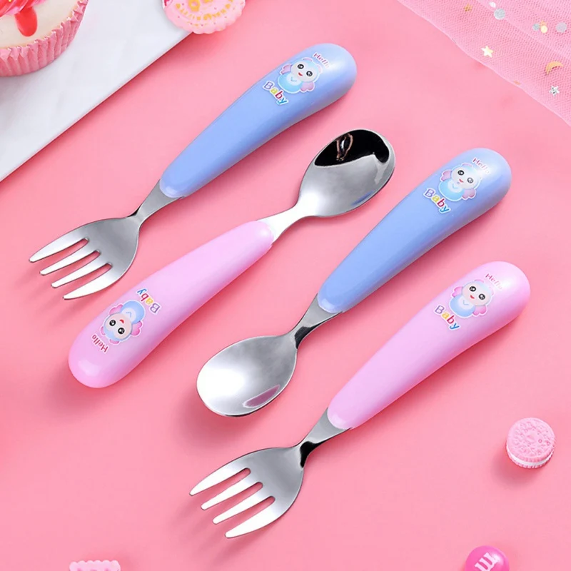

New High Quality Infant Baby Children PP Spoon Fork Cute Cartoon Cutlery Stainless Fork Spoon Steel Infant Baby Feeding Utensils