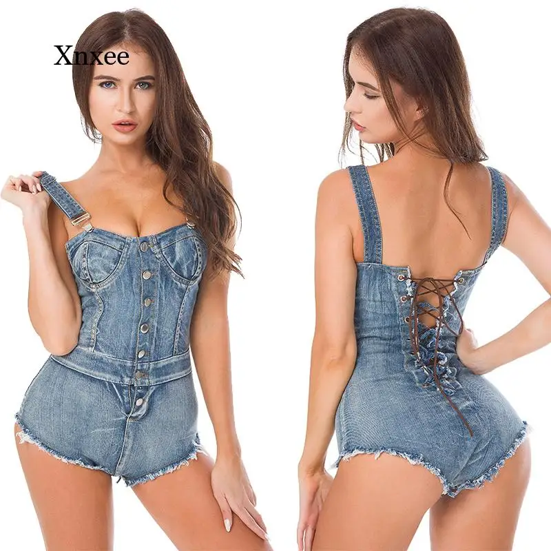 

Fashion Spaghetti Strap Breast Jeans Jumpsuits Women Slim Playsuits Sexy Beach Denim Bodysuit Slim Elegant Outfits Party Rompers