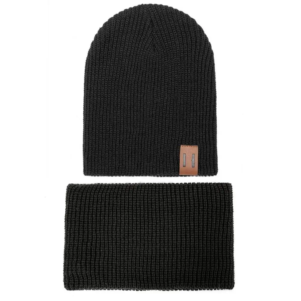 Зимняя шапка, шарф, костюм для детей, для мужчин и женщин, одноцветная вязаная шапка, шапка для мальчиков и девочек, теплая шапка, шарф, набор - Цвет: Black