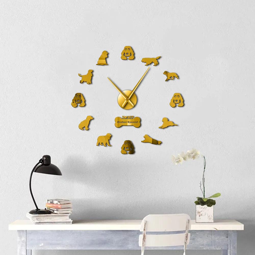 Cocker Spaniels зеркальный эффект наклейки DIY гигантские бесшумные настенные часы для собак Домашние Декоративные петухи бесшумные настенные часы