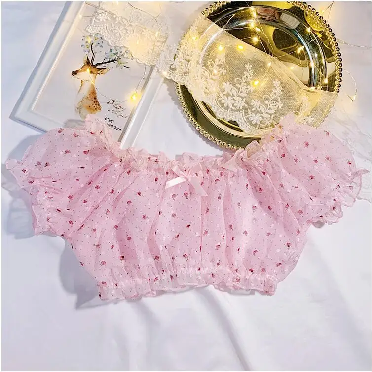 Kawaii Lolita Women Lingerie Set Floral Print Pajamas for Women Sleepwear Summer Tops Short See Through Underwear Pijama Mujer