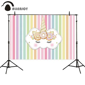 

Allenjoy Rainbow Color Stripes Photozone Unicorn Donuts Flowers Girl Birthday Party Banner Princess Baptism Celebrate Supplies