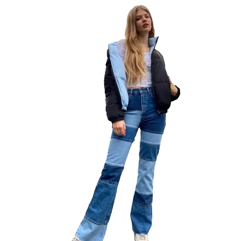

women's casual Jeans Splicing Winter trendy high-waist straight-leg slim-fit color matching block straight slim pants Trousers