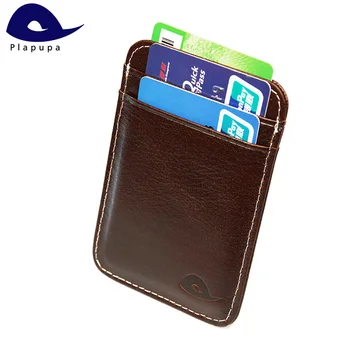 

Plapupa 100% Cow Leather Vertical Antique Flat Khaki Card Holder 5 pockets Glossy credit Round Corner Genuine Leather card case