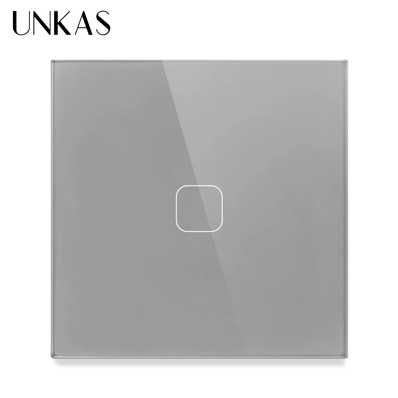 

UNKAS EU/UK standard 1 Gang 1/2 Way Touch Switch Gray Crystal Glass Panel Touch Switch Light Wall Only Touch Function Switch