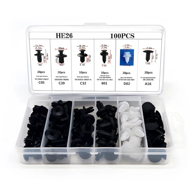 Черный 100Pcs Random Mixing Universal Car Fender Plastic Clips Bumper Retainer Fastener Rivet Door Panel Fender Liner Fit for All Car - Название цвета: Черный
