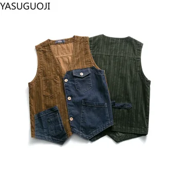 

YASUGUOJI 2020 New Style Men's Slim Fit Corduroy Vest Streetwear Vest Men Fashion Denim Patchwork Sleeveless Jacket Waistcoat