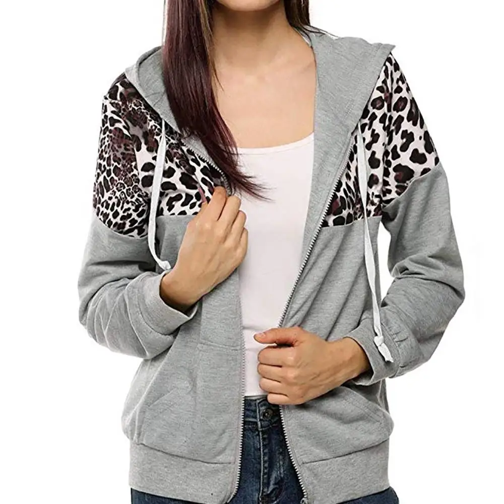 

Long-sleeved stitching leopard-print loose coat pocket zipper hooded solid color warm autumn and winter new women's fashion wild