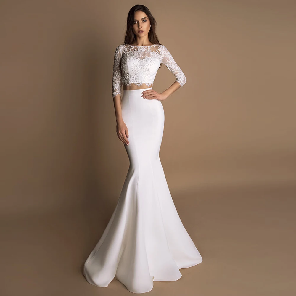 Vestido De Noiva Sereia 2019 короткий рукав расшитый бисером кружева сатин 2 в 1 Русалка