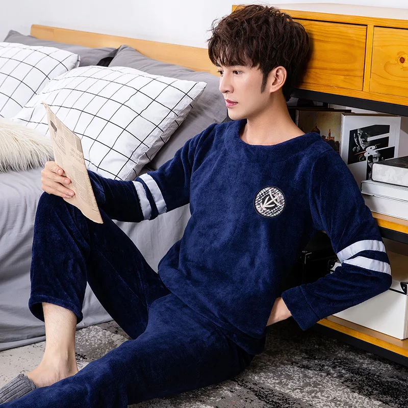 Pajamas Men Coral Fleece Pajamas Sets Winter Thicken Warm Sleepwear O-Neck Male Home Clothing Dropshipping