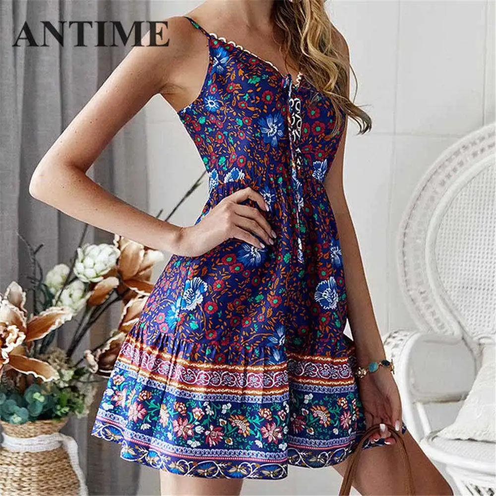 ANTIME Boho платье на бретельках женское летнее богемное ТРАПЕЦИЕВИДНОЕ ПЛАТЬЕ С v-образным вырезом на шнуровке повседневное Мини шифоновое платье без рукавов винтажное - Цвет: D