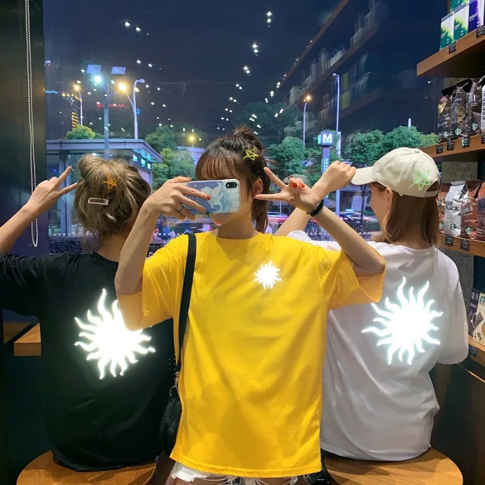 

Reflective shirt Fluorescent short sleeve Long t-shirt women summer Laser Reflection Night Light Sunshine Hip Hop couple shirt