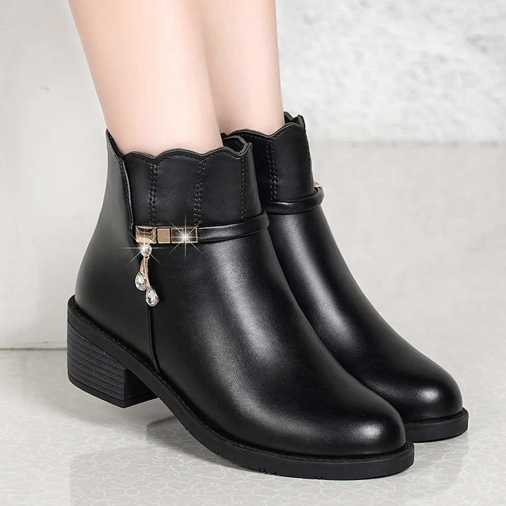 

Rhinestone zipper decorative leather round head with thick boots Fashion solid color wild Party Boots winter boots women 2019