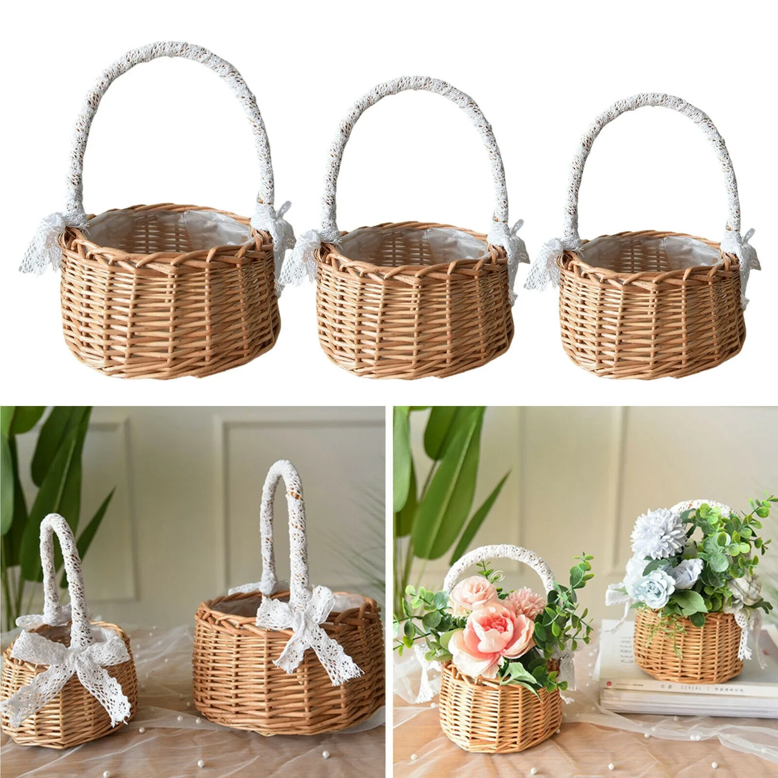 Storage Basket for Camping and Outdoor Dasing Wicker Rattan Flower Girl Baskets Wicker Picnic Basket Hand Woven Basket Fruit Basket Decorative with Handle and Lace Bow Prop Basket 