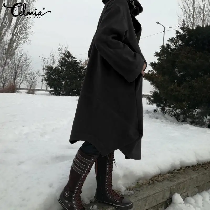 Женское ассиметричное длинное пальто Celmia, негабаритные куртки, женская верхняя одежда, зимнее теплое пончо, однотонное, Осеннее, для девушек, винтажные джемперы
