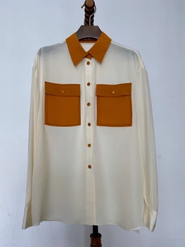 

2020 Spring And Autumn New Style Women's Buckle Fold-down Collar Mixed Colors Pocket Shirt 0320
