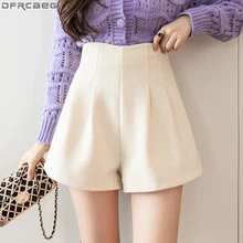 Elegante sólida cintura alta senhoras shorts casuais inverno quente woolen shorts feminino solto perna larga marrom preto branco shorts