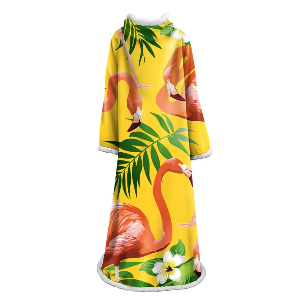 

Soft Thick Flamingo Lazy Flowers Blanket With Sleeves Winter Print Cotton Velvet Leaves Blanket Wearable For Adults Travel Home