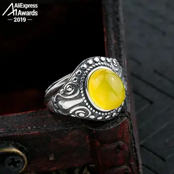 

10*8mm 6.18 Sale S925 Sterling Silver Poland Amber Rings Exaggerated Rings upper class lithuania Retro Handmade