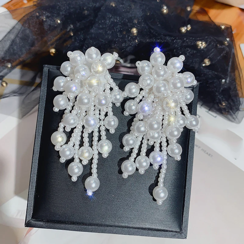 

Trendy Elegant Created Big Simulated Pearl Long Earrings Pearls String Statement Drop Earrings For Wedding Party Gift