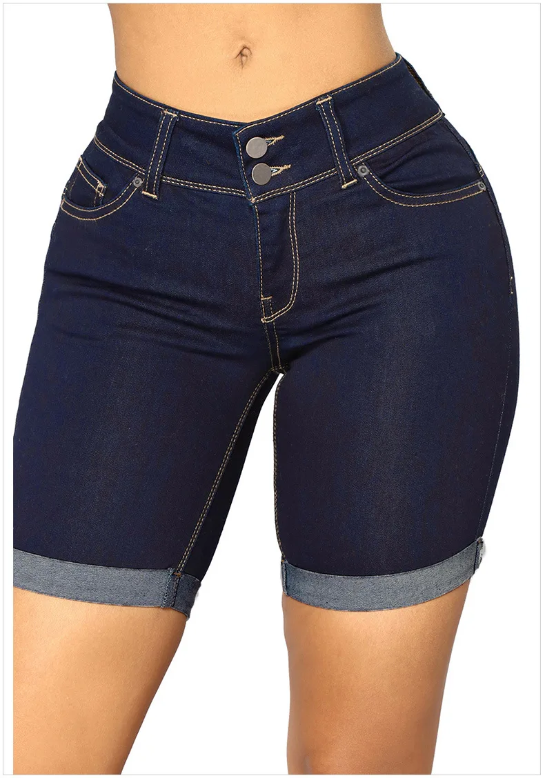 Europe And America Medium Waist Large Size Blue Knee-length Denim Shorts Women's Waist Slimming Straight-Cut Crimping WOMEN'S Je