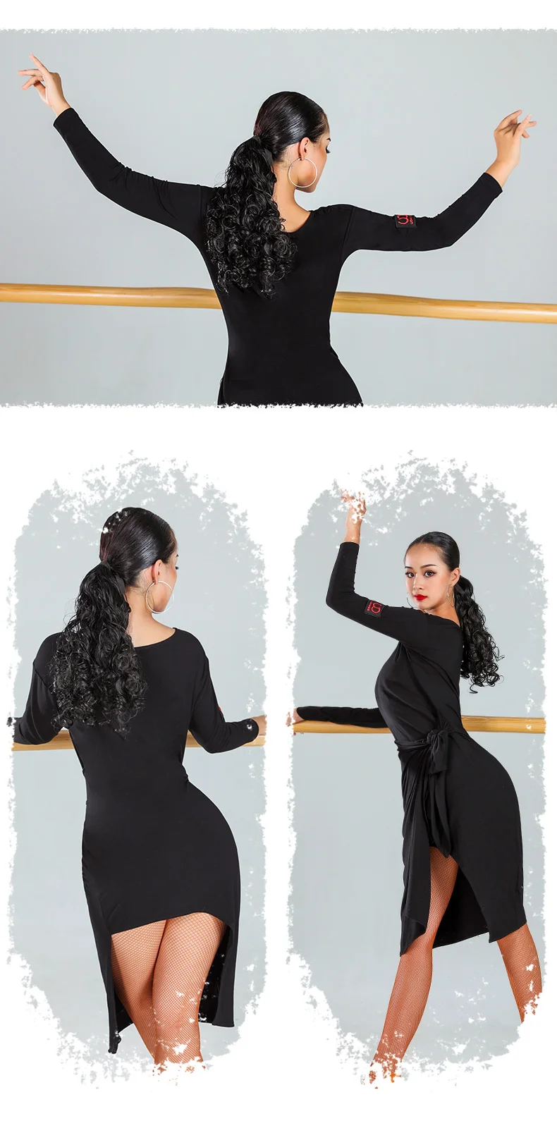 Latin Dance Dress Salsa Tango Rumba Cha Cha Samba Practice Clothes Women Black Long Sleeves Loose Performance Dresses DN4370
