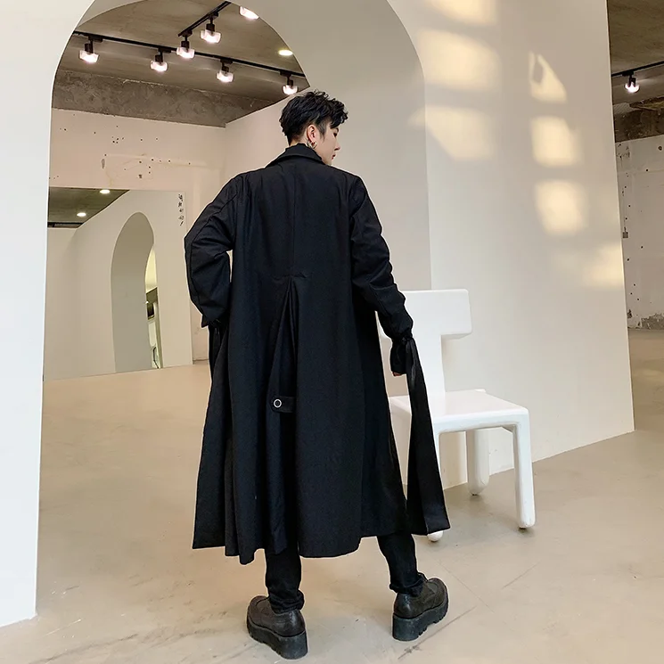 S-xl! темно-черный простой мужской красивый свободный длинный двубортный ветровка куртка стримеры декоративное осеннее пальто