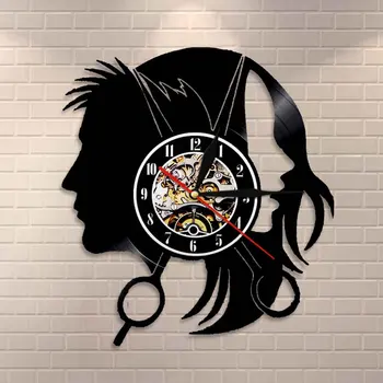 

Hair Beauty Salon Shop Business Logo Wall Clock Hair Dressers Salon Stylish Hair Scissors Haircut Barber Vinyl Record Wall Clock