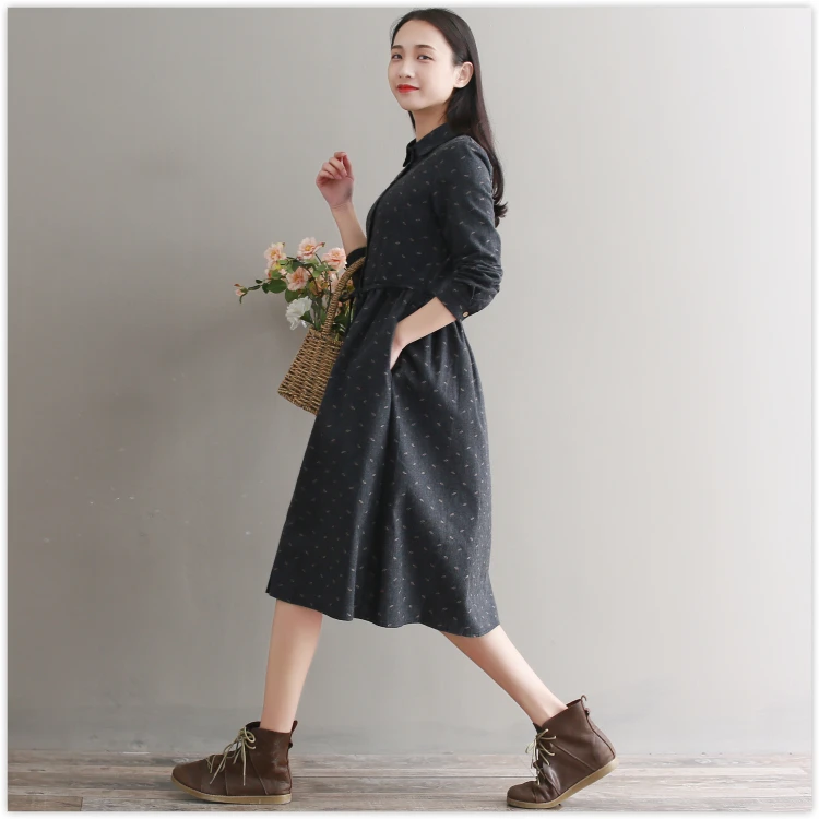 Robe Femme/осенне-зимнее винтажное платье элегантные хлопковые платья с длинными рукавами и отложным воротником для девочек Vestidos AF830