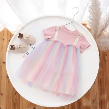 

WLG Girls Boutique Dress Kids Summer Rainbow Mesh Patchwork Dresses Baby Girl Cute Beautiful Dress for 1-6 Years