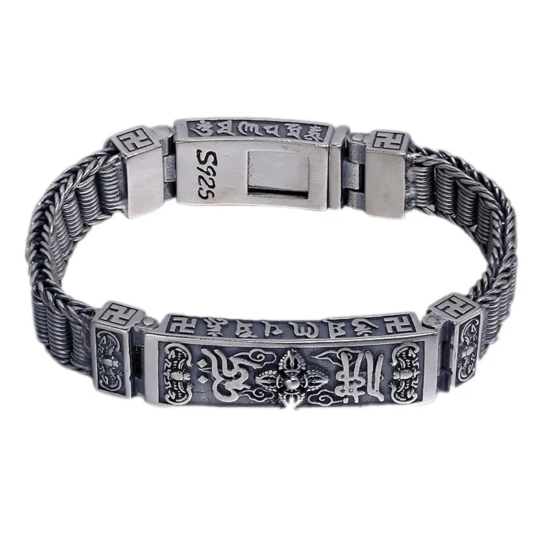 

BOCAI 2021 Trendy Real S925 Silver Jewelry Six-character Mantra of Buddha Hand-woven Vajra Retro Good Luck Man Bracelet