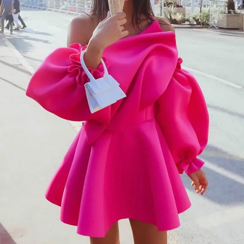 

Sexy Puff Sleeve Party Club Dresses Summer Lady Elegant Slash Neck Mini Dresses Robe 2019 Ruffles Female Vestiods