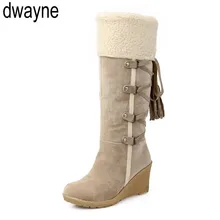 Новые модные зимние женские сапоги до середины икры на танкетке повседневная обувь милые повседневные зимние сапоги на шнуровке; большие размеры 34-43; jkm89