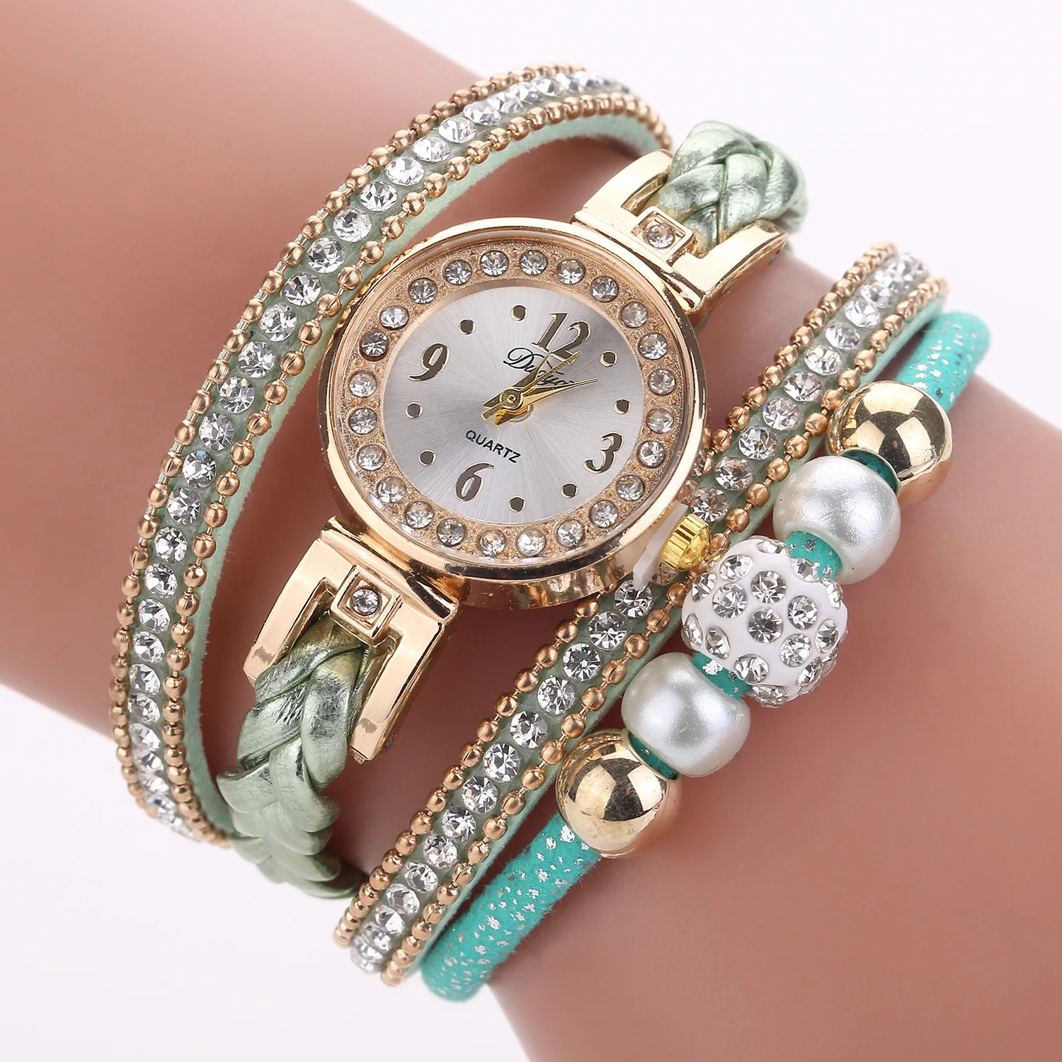 

Duoya Brand WOMEN'S Bracelet Watch Fashion Weaving Linen Flower Color Diamond Set Alloy Watch Pearl Women's Bracelet Watch