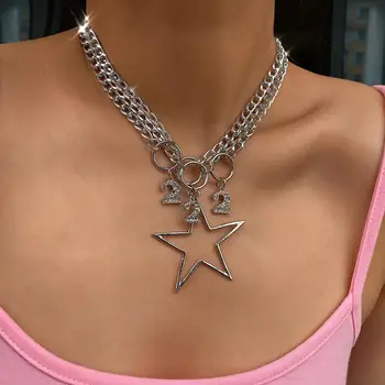 

New 3 Pcs/set Exaggerated Silver colour Digital Rhinestone Pendant Necklace for Women Sexy Multi Layer Round Circle Choker