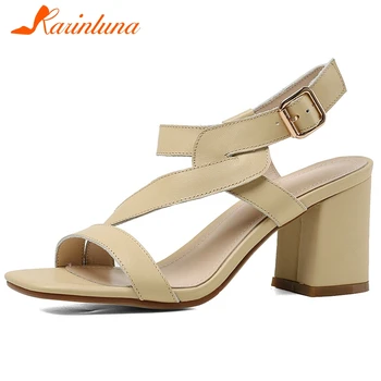 

Karinluna 2020 Hot Sale Genuine Cow Leather Chunky High Heels Concise Sandals Woman Shoes Buckle Strap Summer Shoes Women
